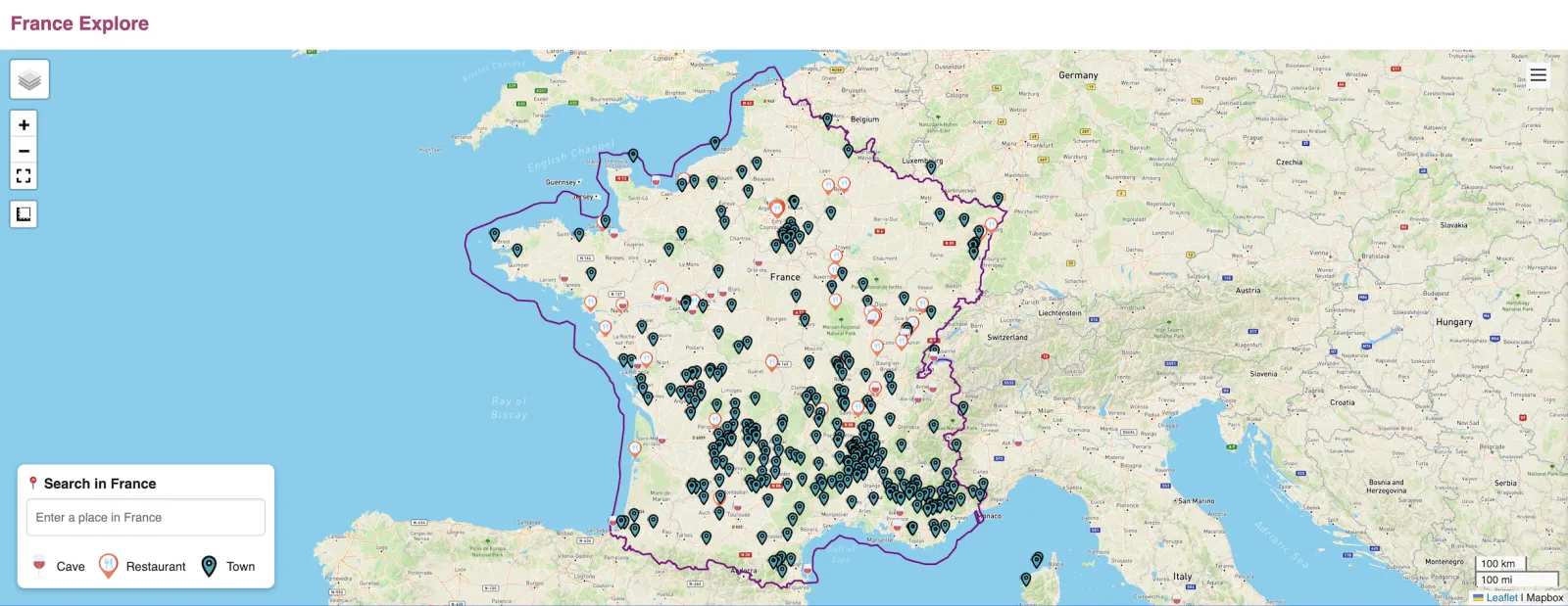The France Explore map showing filtered points of interest plotted across France.